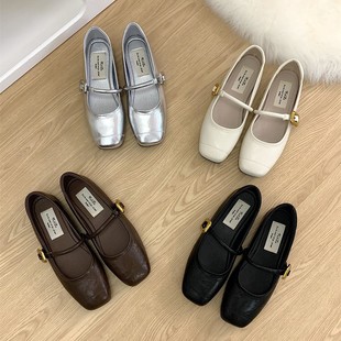 Korean Style Versatile One-Strap Shoes Silver 2025 Spring and Summer French Retro Mary Jane Shoes Flats Shoes Small Leather Shoes