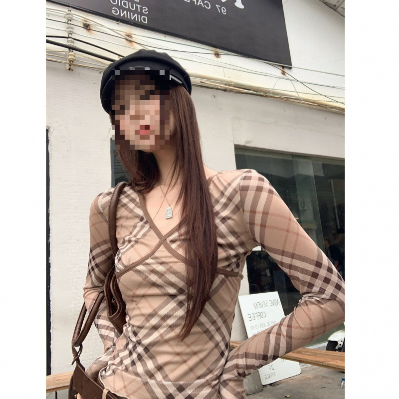 40D Mesh Inner Plaid Retro Long-Sleeved T-Shirt for Women Autum Slimming Look Pullover Top Trendy 40D Mesh Inner Plaid Retro Long-Sleeved T-Shirt for Women Autum Slimming Look Pullover Top Trendy