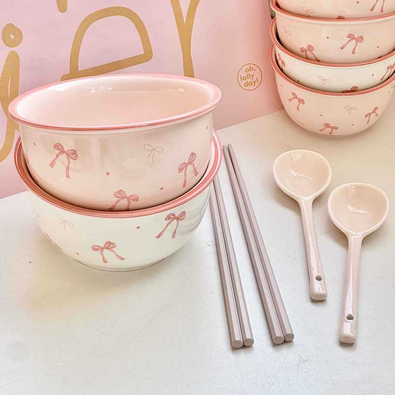 粉色ins风蝴蝶结陶瓷餐具套装面碗家用饭碗盘子釉下彩好看少女心|undefined