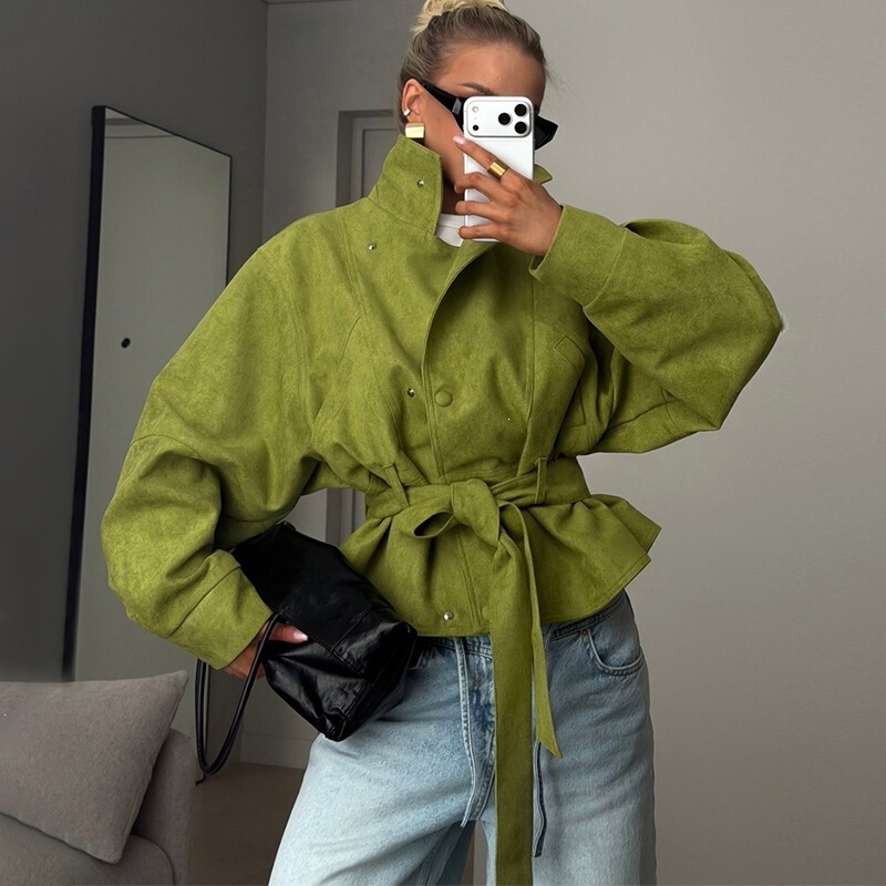 European and American Cross-Border Women's Fashion 2026 Spring New Stylish Stand-Collar Tie-Waist Short Trench Coat for Petite Figures