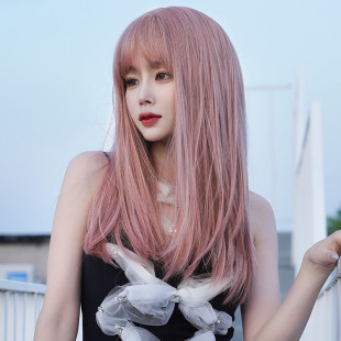 Wig women's long hair full head cover type Net red long straight hair air bangs pink wig cover fashion wig wholesale