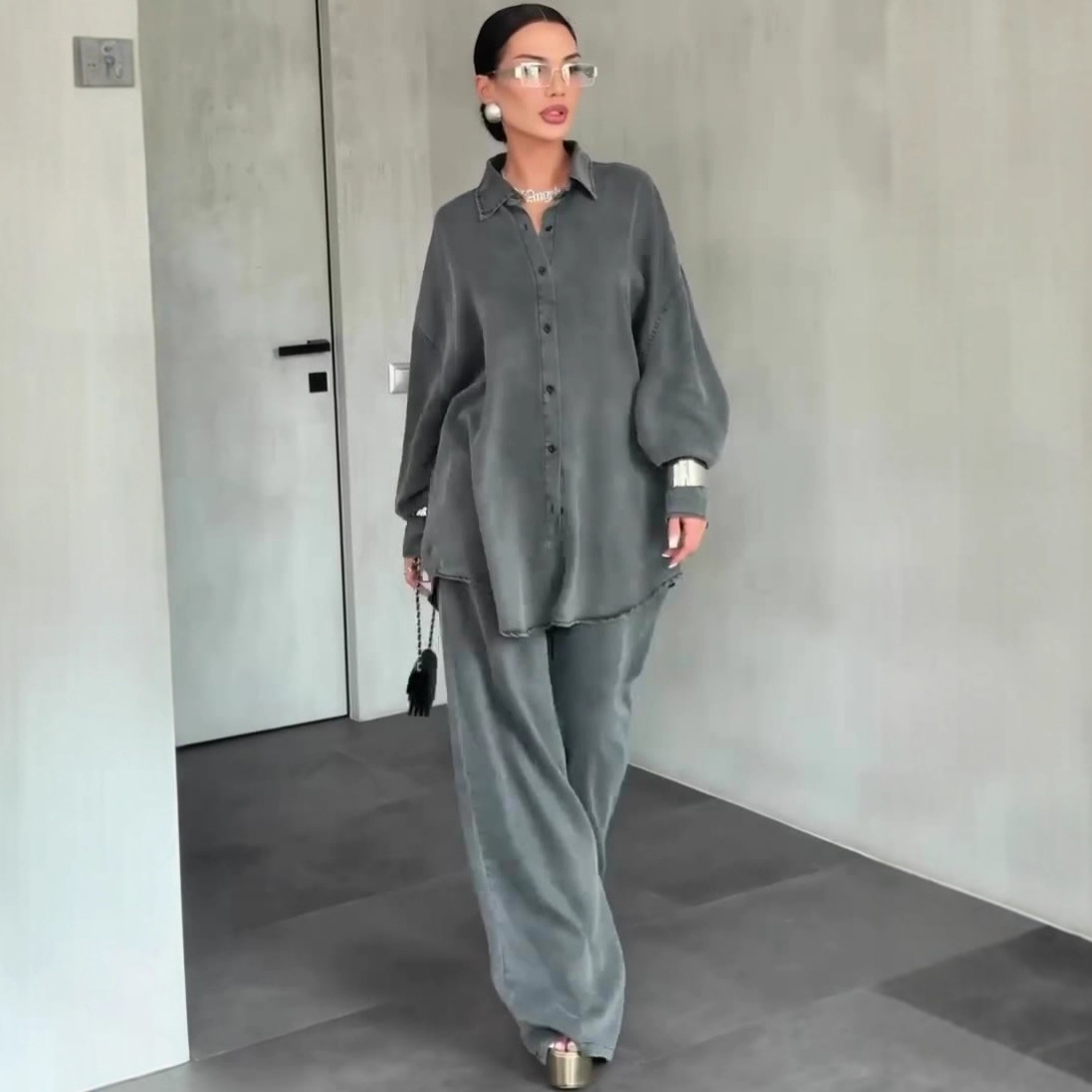 2025秋季新款欧美亚马逊跨境外贸女装休闲牛仔宽松POLO领简约套装