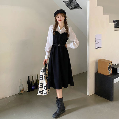 Spring clothes 2026 new style temperament slimming stitching fake two-piece POLO collar bubble sleeve shirt dress A-line skirt for women