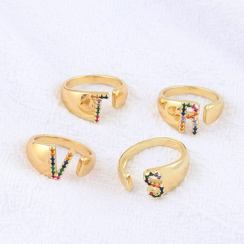 Fashion Letter Copper Open Ring Plating Artificial Gemstones Copper Rings