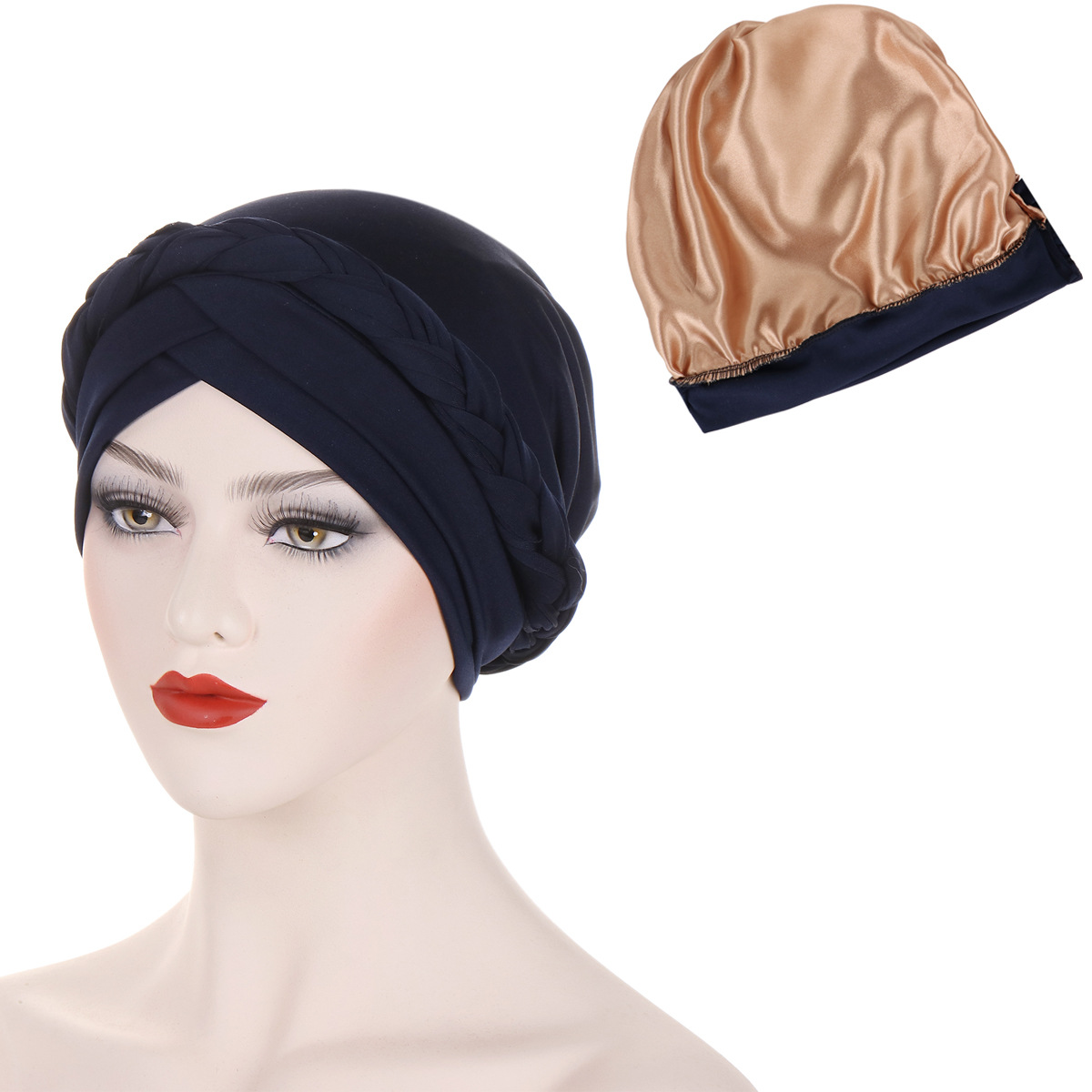 cappello turbante intrecciato foderato in raso tinta unita sulla fronte da donna doppia croce cappello pullover musulmano in stock_voghion.com