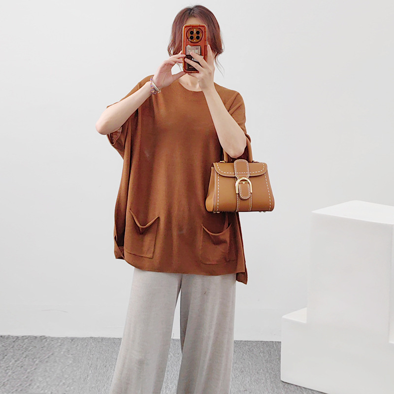 2025 Mulberry Silk Wool Loose Lazy Crewneck Knitted Pullover with Pocket Women's Summer All-match Short-sleeved T-shirt Thin