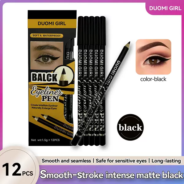 Duomi Girl Black Waterproof and Sweat-Proof Wooden Eyeliner Pen, Easy to Apply, Smooth and Long-Lasting, Lasts 12 Hours