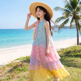 女大童夏季连衣裙2026新款小女孩韩版洋气多巴胺中长款挂脖连衣裙