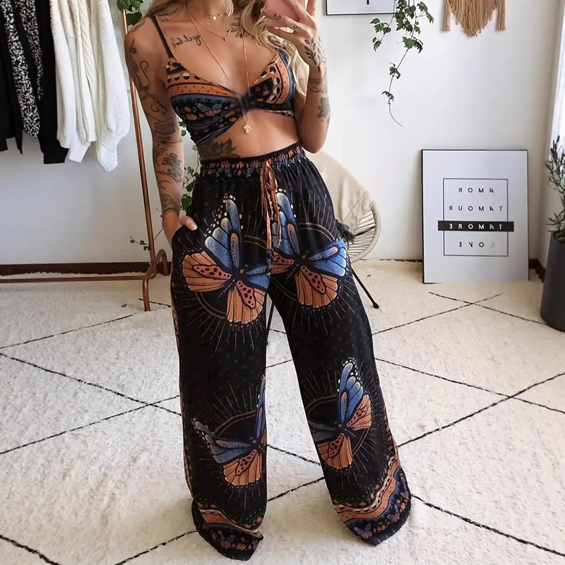 Temu-Shein Cross-Border Foreign Trade Set: Printed Sexy Tube Top + Loose Wide-Leg Pants Two-Piece Set, Fashionable and Casual