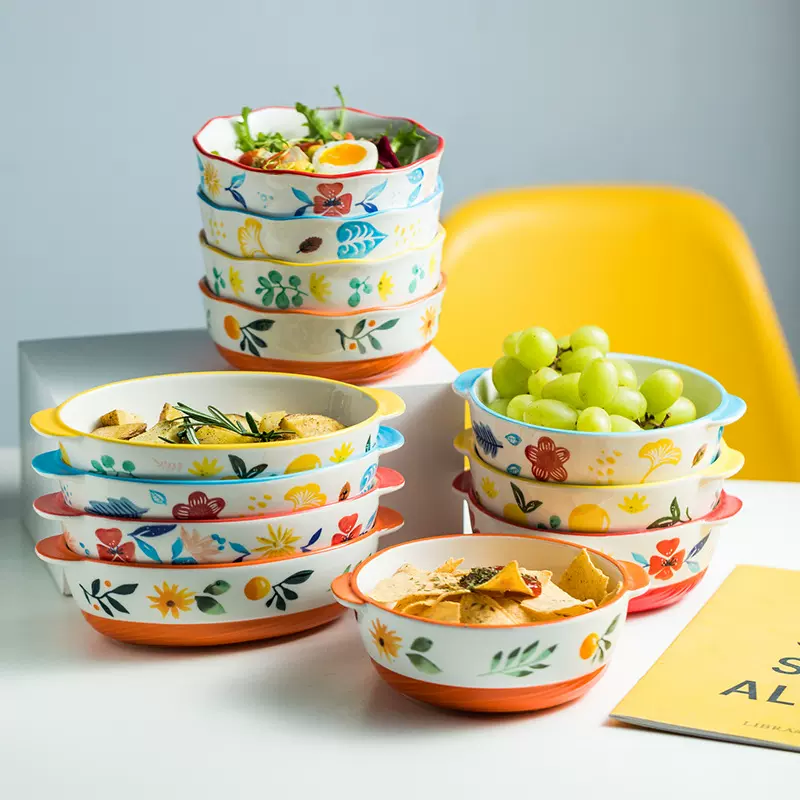 创意水果沙拉碗双耳烤盘可爱印花焗饭烘焙家用陶瓷餐具深盘可微波