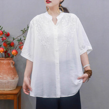东南亚热销2025夏季韩版休闲女立领印花复古韩版丝麻棉麻衬衣女