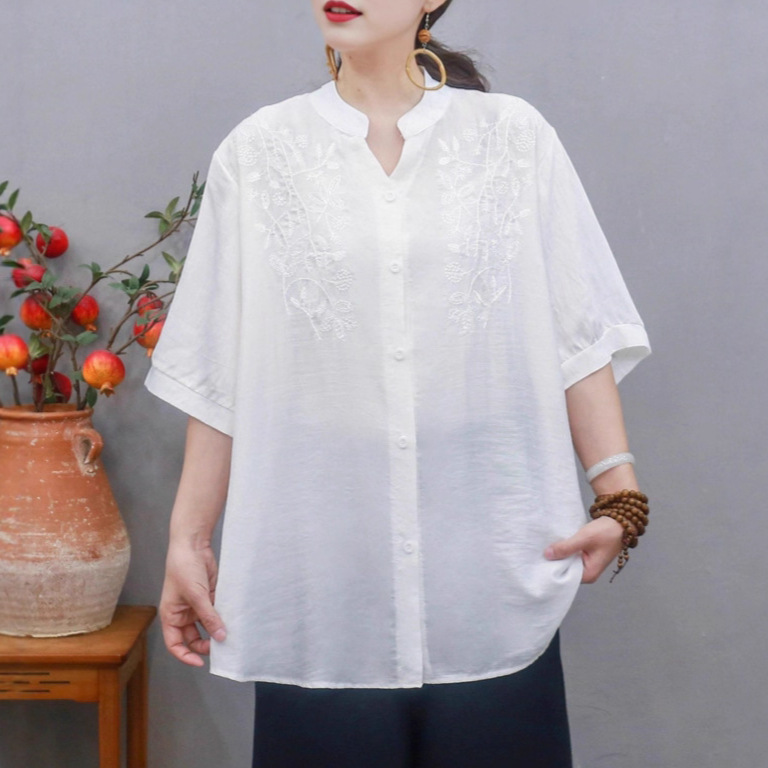 东南亚热销2025夏季韩版休闲女立领印花复古韩版丝麻棉麻衬衣女