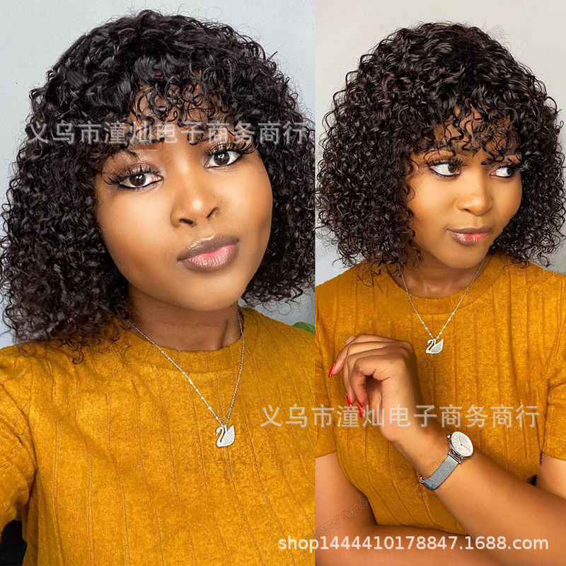 2023 tongcanxin products hot selling European and American wigs straight bangs fluffy black short curly hair independent website Wholesale