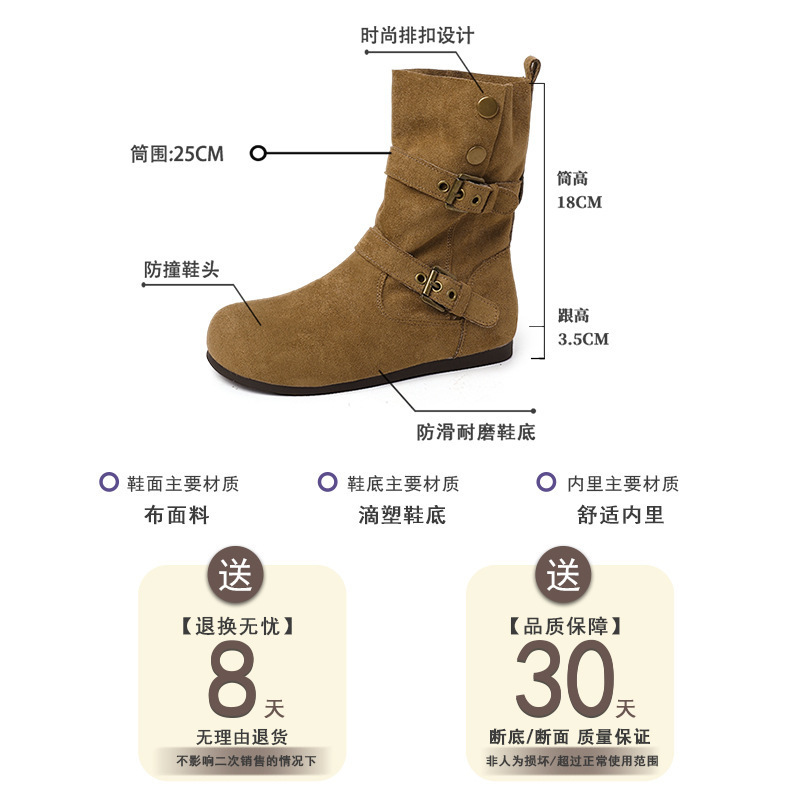 磨砂皮两穿中筒短靴西部牛仔时装靴女秋冬复古简约舒适平底马丁靴|undefined