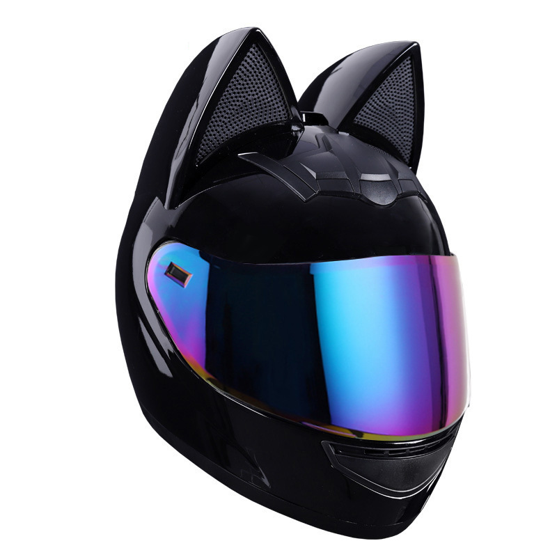 Casco de motocicleta eléctrica HNJ, casco integral con oreja de gato certificado 3C para mujer, verano, se puede equipar con auriculares Bluetooth, casco integral para motocicleta
