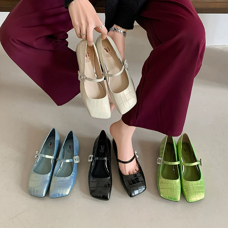 First layer cowhide Mary Jane shoes for women's inner height-enhancing single shoes new retro square head one-shaped buckle flat heel shallow mouth single shoes