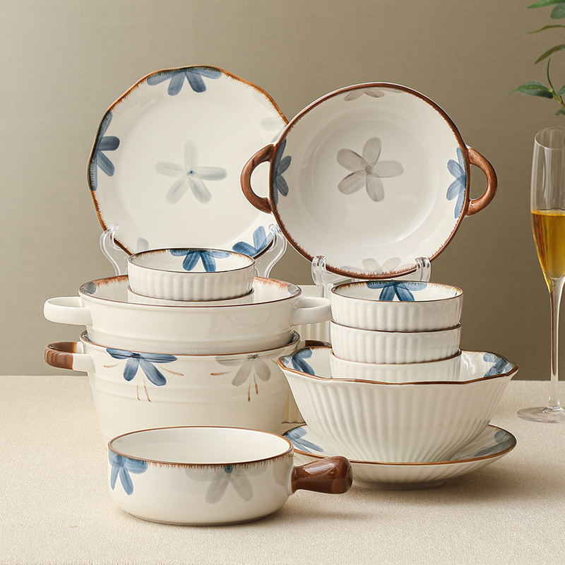Ink blue ceramic plate bowl household wholesale 2022 new Japanese style binaural soup bowl rice bowl tableware suit