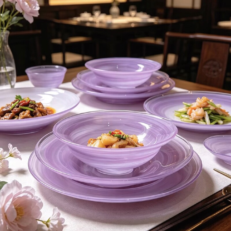 High-end purple glass bowl and plate set for home use, light luxury style tableware, plates, dishes, rice bowls, underglaze colored dinner plates