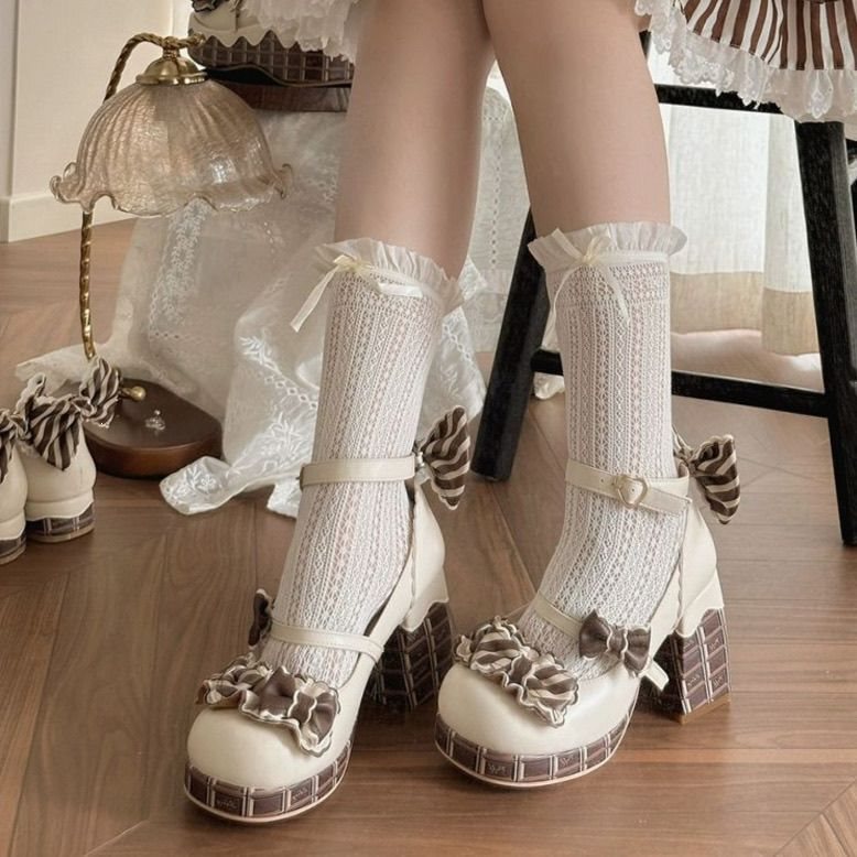 Sweet Girl Jk Layered Platform Lolita Shoes Cream White Chunky Heel Lo Shoes Waterproof Platform High Heels Bowknot Small Leather Shoes