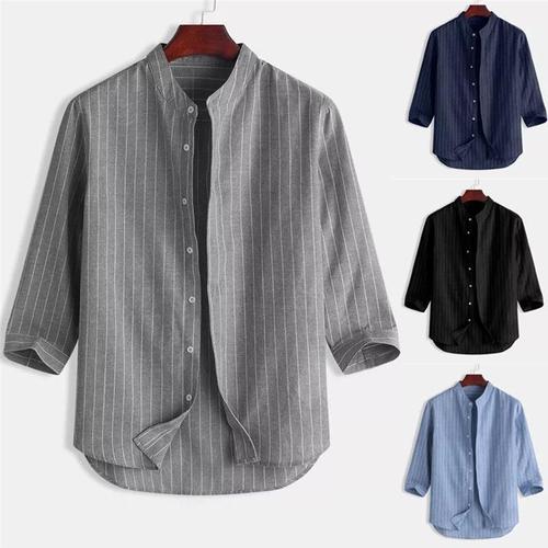 Korean Men's Linen Shirt Stand Collar Open Style Loose Casual Breathable Linen Material Top for Youth Seven-Sleeve Upper Shirt