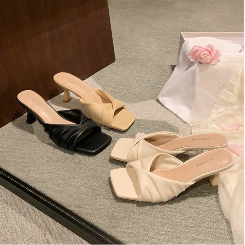 Sheepskin Version of Grape-Colored Mules with 7cm High Heels, French-Style Square Toe, Ruched Single Strap Mules for Women