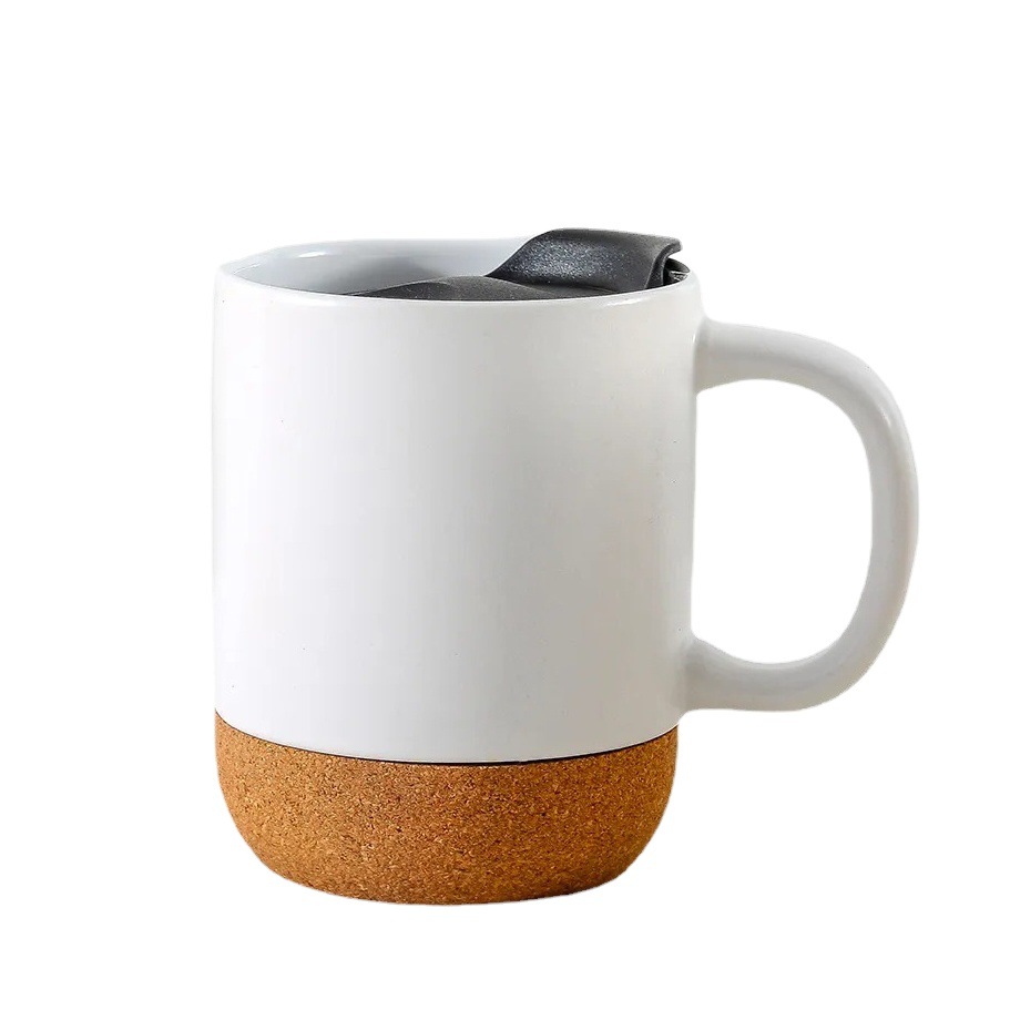 Taza de cerámica con base de corcho personalizada con tapa, taza de agua creativa de estilo nórdico, taza de oficina de cerámica con corcho