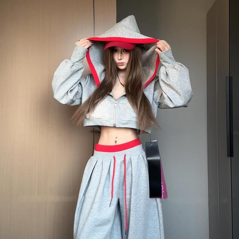 美式辣妹风高级卫衣连帽睡衣女早秋新款松弛感拼接休闲家居服套装|undefined