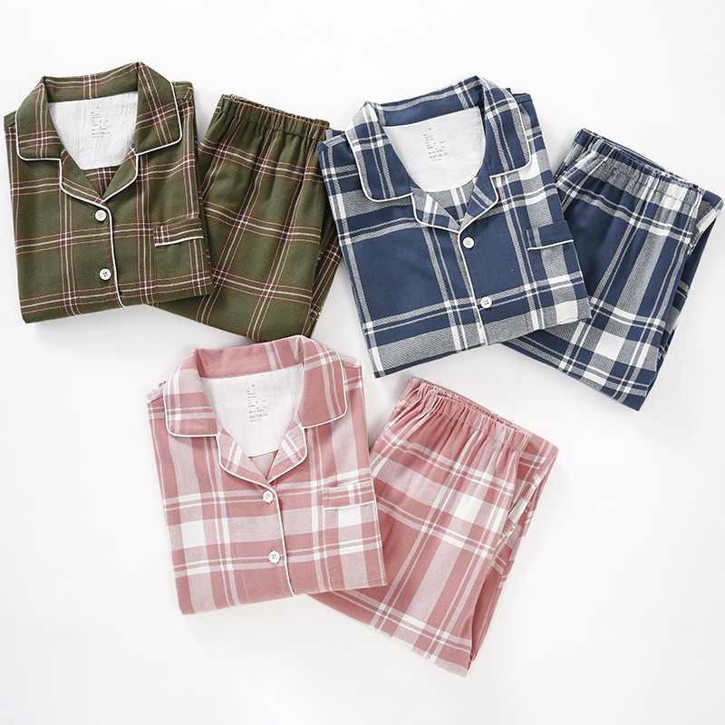2026 Autumn and Winter Japanese-Style Flannel Plaid Pajamas Muji Home Wear Set Couple Pajamas for Women