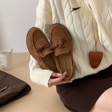 韩版圆头拼接流苏一脚蹬乐福鞋女2025年新款春秋百搭舒适深口单鞋