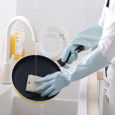 Guantes cálidos de lana de cuero con lana de PVC grueso lavado de ropa de cocina lavavajillas impermeable a la limpieza