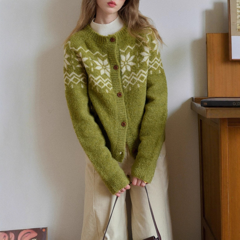 Simpleretro Norwegian Forest Wool Boucle Yarn Fair Isle Knit Sweater for Women, Autumn Lazy Style Sweater Coat