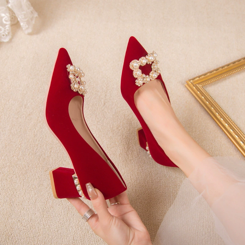 Китайские свадебные туфли Xiuhe женские 2024 новые свадебные туфли на толстом каблуке не уставшие ноги красные обручальные туфли свадебные туфли
