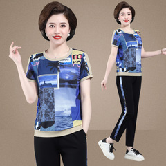 花色短袖套頭T恤長褲時尚兩件套寬鬆圓領印花女旅遊運動服套裝