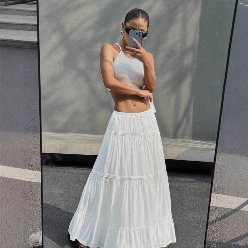 Ballet Gentle Spring and Summer White Low Waist Skirt Slimming French Elegant Large Swing Stitching Long A- line Skirt