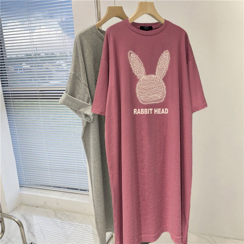 Korean-Style Summer Rabbit Print Round-Neck Plus-Size Women's Nightgown New Long Loose Home Dress Cross-Border Selection Korean-Style Summer Rabbit Print Round-Neck Plus-Size Women's Nightgown New Long Loose Home Dress Cross-Border Selection