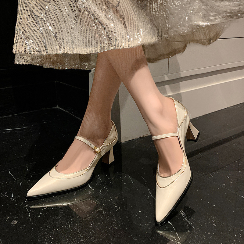 Pointed Toe Thick Heel 2025 Summer French Style Stiletto Heel Versatile One-Line Buckle French Style Shoes Shallow Mouth Shoes Pointed Toe Thick Heel 2025 Summer French Style Stiletto Heel Versatile One-Line Buckle French Style Shoes Shallow Mouth Shoes