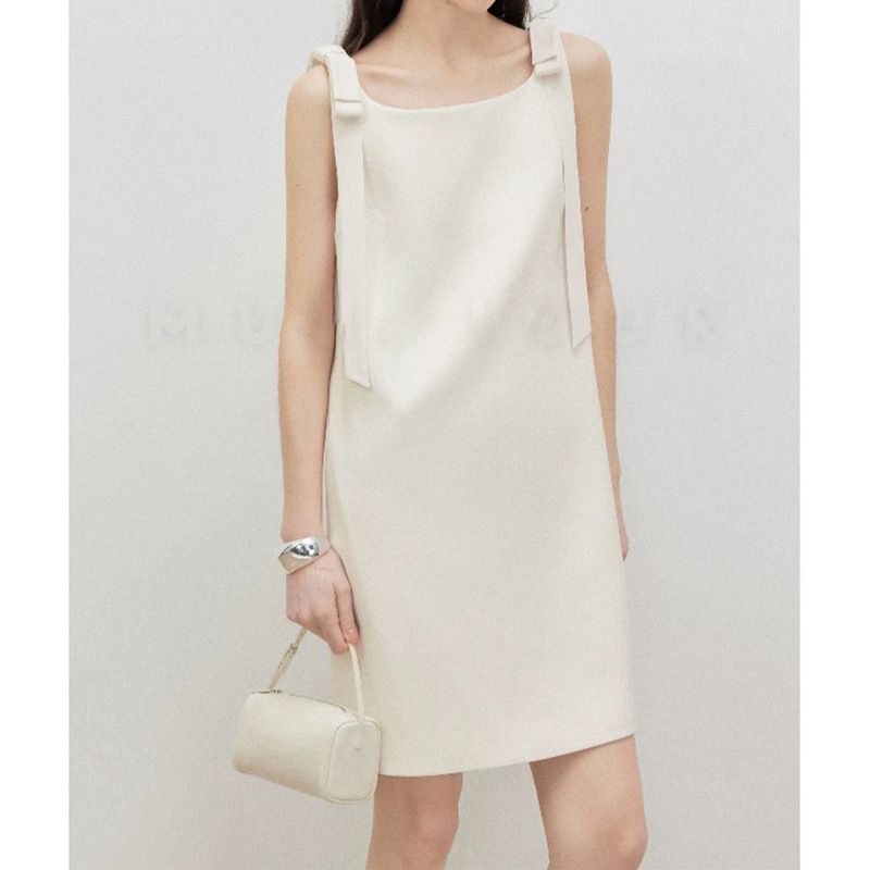 Spot Manufacturer Wholesale New Triacetate Refreshing Cool Boat Neck Bow Ribbon Sleeveless Dress