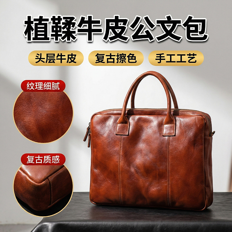 First-Layer Vegetable-Tanned Cowhide Men's Briefcase, Large-Capacity Genuine Leather Vintage Business Shoulder Crossbody Laptop Bag First-Layer Vegetable-Tanned Cowhide Men's Briefcase, Large-Capacity Genuine Leather Vintage Business Shoulder Crossbody Laptop Bag