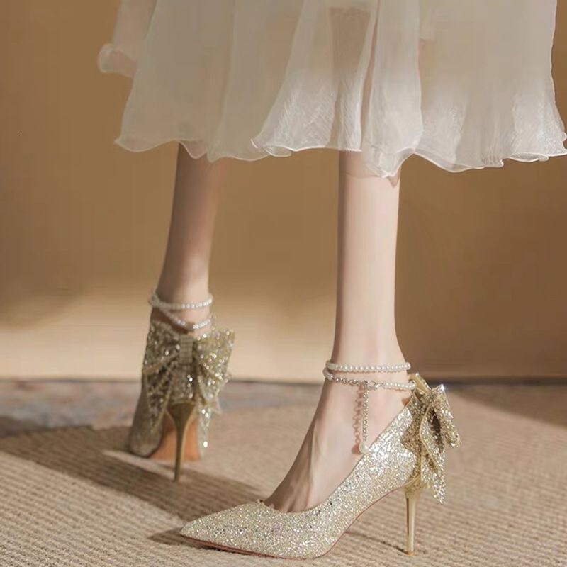 2026 New Model Gold High-Heeled Shoes for Women with Unique Design, Sequins, Crystal, Dual-Use Wedding Shoes, Bridal Shoes