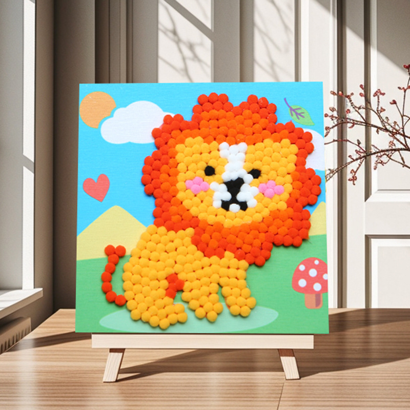 Pintura de bola de pelo Dibujos animados Niños creativos Pegatinas a mano Diy Material hecho a mano Paquete Marco estirado Pintura adhesiva Marco de madera maciza Pintura decorativa