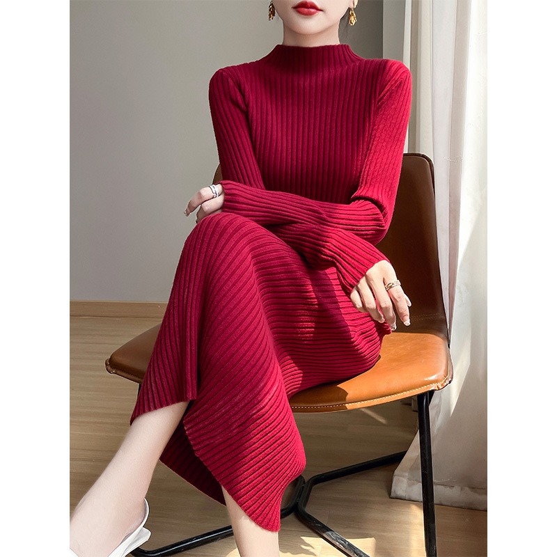 Autumn and Winter New dress Women Pullover Long Sweater Skirt Turtleneck Solid Color Andy Velvet Long Sleeve Knitted Skirt