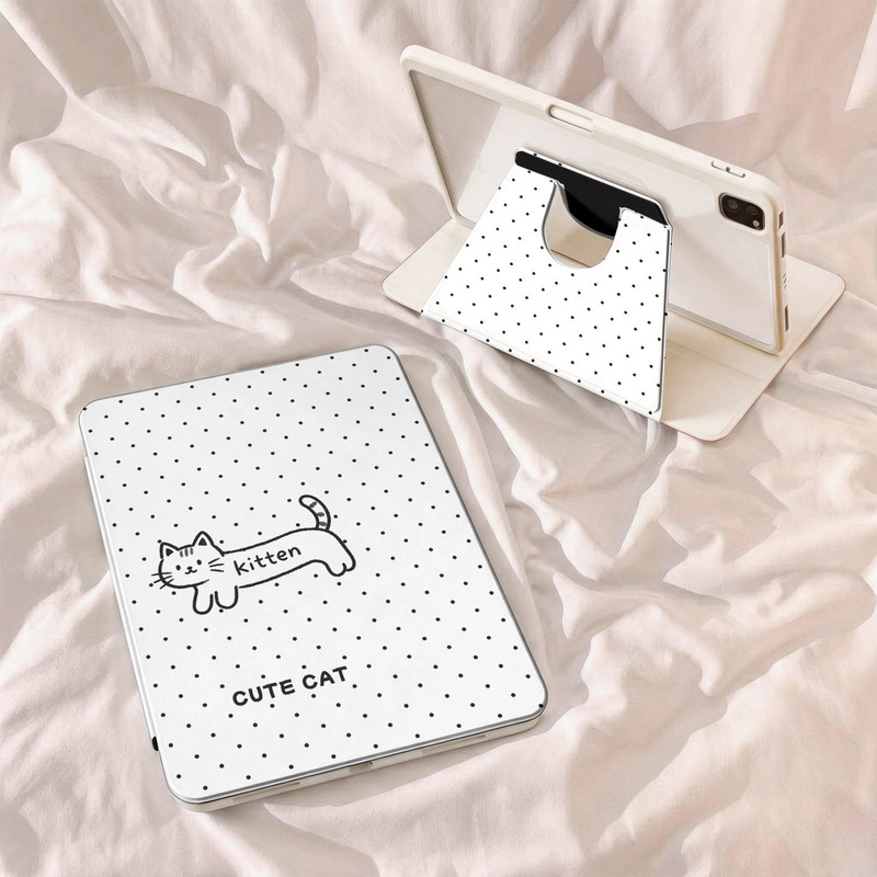 Cute cat-themed case for Apple iPad tablet, mini rotating stand, air with pen slot, pro anti-bend, 10th generation hard case