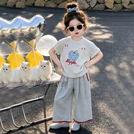 女宝夏季韩版印花短袖T恤套装夏季2026新款儿童洋气格子阔腿裤薄