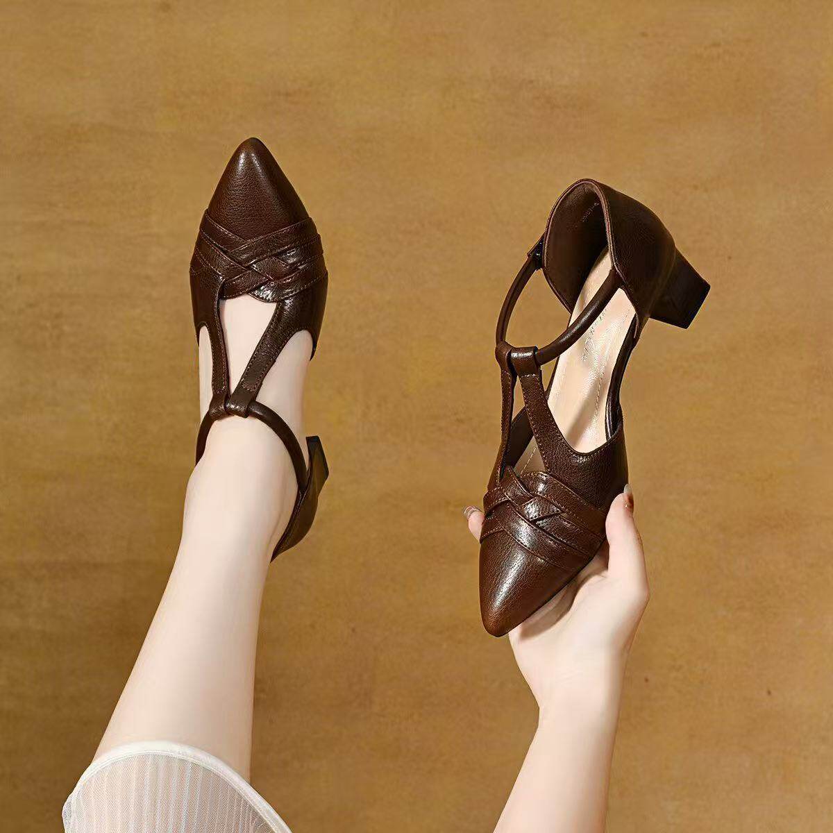 Sandal nữ da thật mũi nhọn gót vuông ổn định, đế mềm thoáng khí — màu be