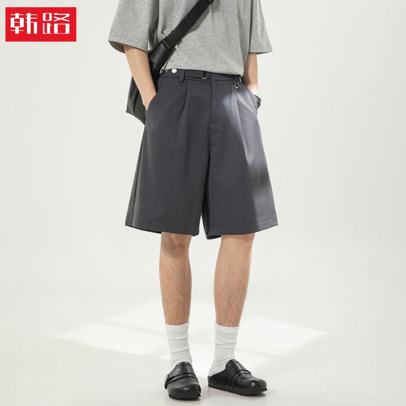 Drapey Suit Shorts, Summer Style, Adjustable Waist, Straight Loose Fit, Casual Pleated Mid-Length Pants with a High-End Feel