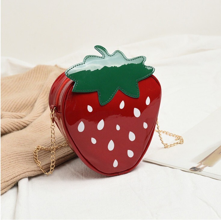 Cute Patent Leather Women's Bag Summer New Strawberry Shaped Chain Small Bag Creative Fruit Girl Shoulder Crossbody Bag