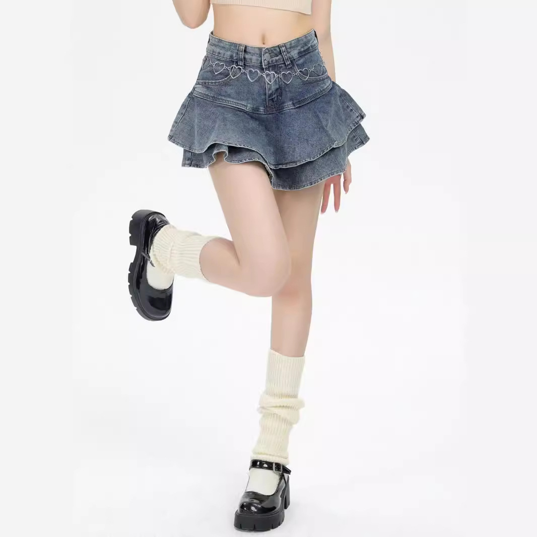 高腰辣妹荷叶边牛仔蛋糕半身裙女夏季纯欲风小众小个子a字超短裙