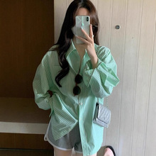 跨境绿色条纹衬衫女式春夏韩系宽松薄款外搭防晒开衫长袖衬衣上衣