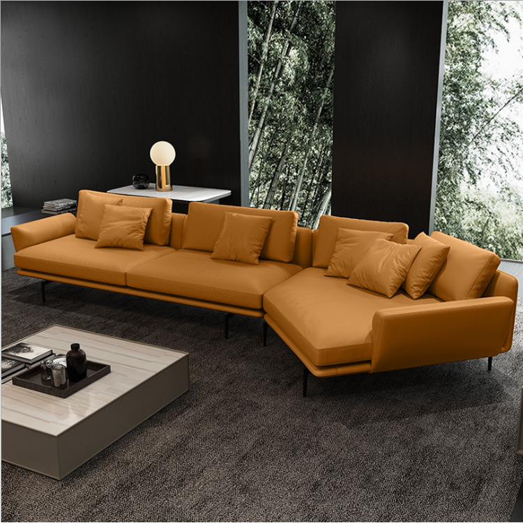 Sofá de cuero genuino minimalista de lujo ligero, sofá chaise longue de diseño moderno y sencillo para sala de estar, sofá chaise longue de forma irregular Napa, conjunto para apartamento grande image 3