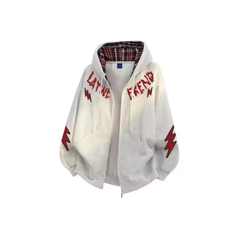 哇噢快返字母印花内饰格纹简约连帽上衣学院风男士开衫卫衣批发